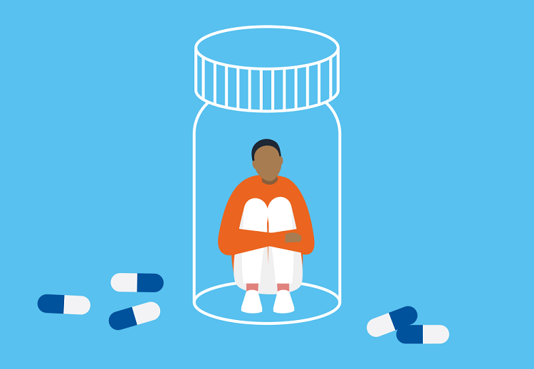 graphic of a seated person holding their knees stuck in a pill bottle 