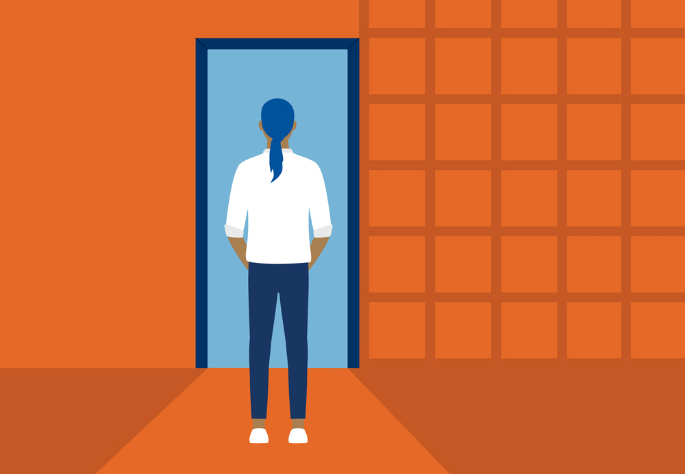 Graphic of a man about to walk through a door